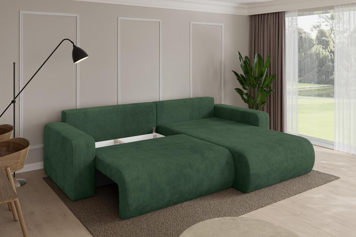 ROHOVÁ SEDAČKA s funkcí spaní, otoman vpravo BERY-L 276x193x88 zelená manšestr - černá/tmavě zelená, kompozitní dřevo/textil (276/193cm) - ALTDECOR