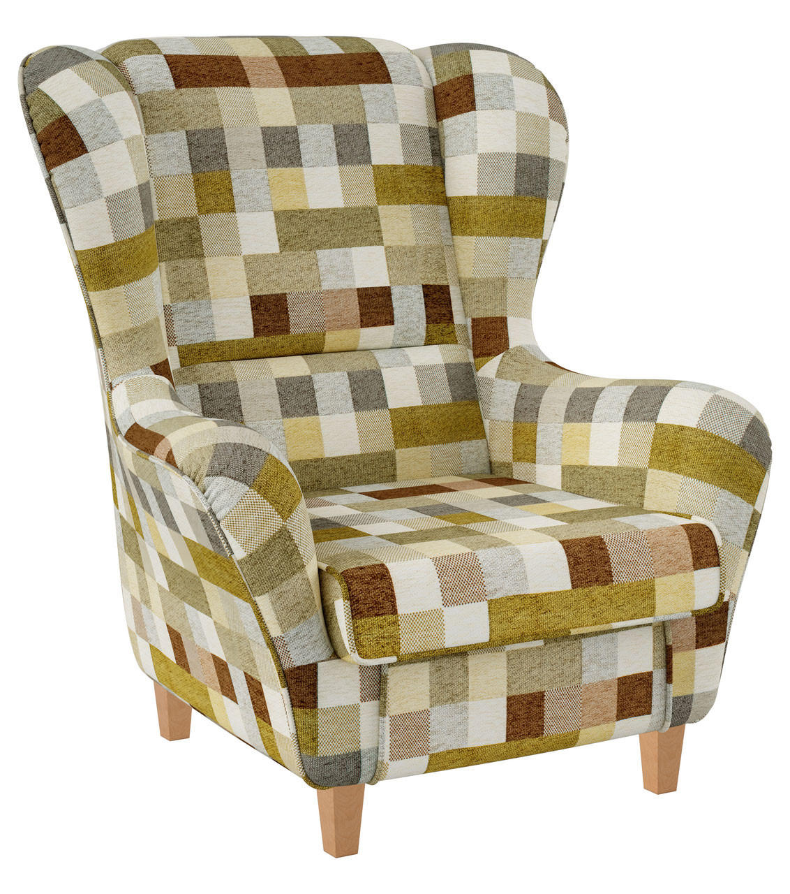 OHRENSESSEL Sofia Relaxsessel mit Hocker | Design kariert Beige-Ocker - Beige/Multicolor, Textil (92/68/95cm) - Supellex