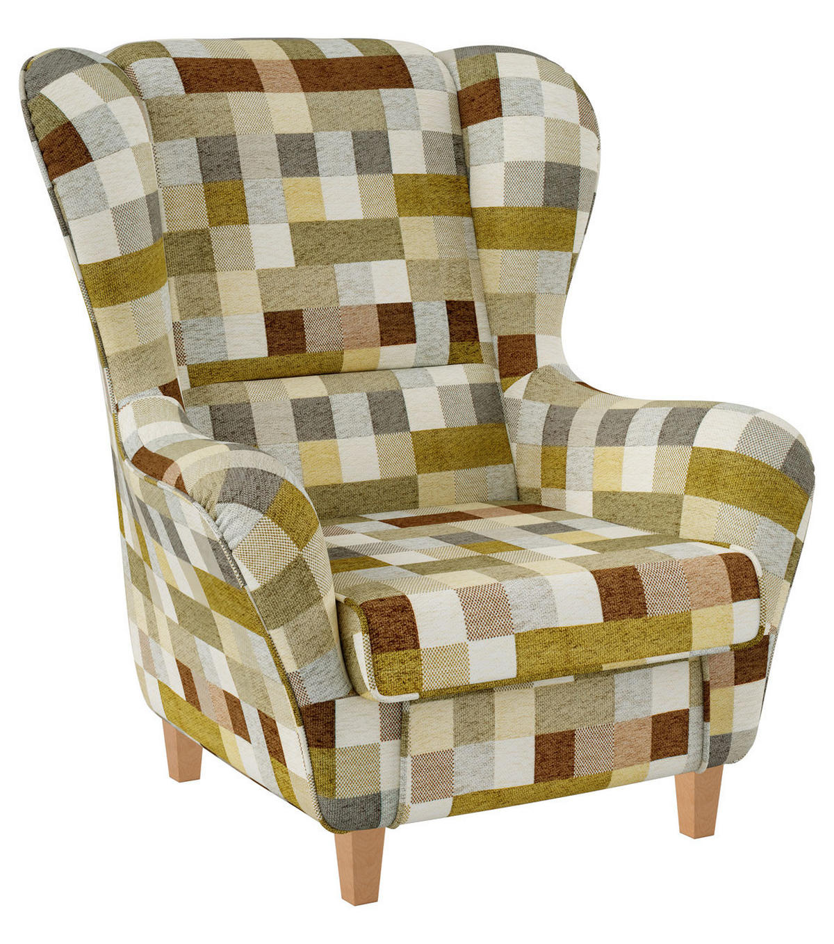 OHRENSESSEL Sofia Relaxsessel mit Hocker | Design kariert Beige-Ocker - Beige/Multicolor, Textil (92/68/95cm) - Supellex