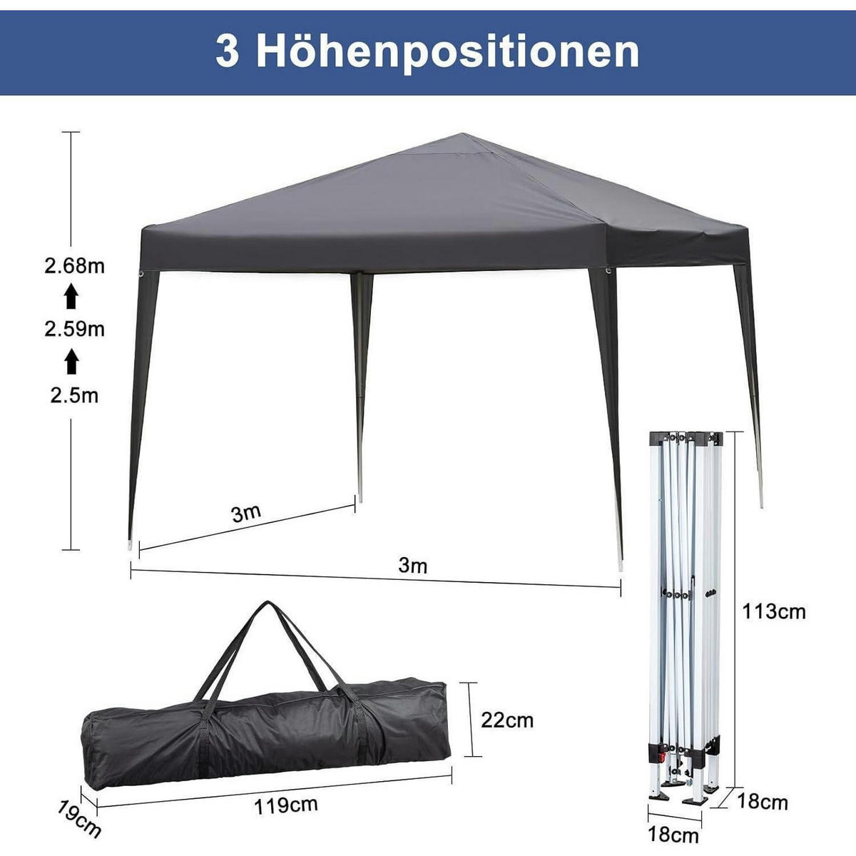 FALTPAVILLON 3x3m Anthrazit Höhenverstellbar Wasserdicht UV-Schutz 50+ - Anthrazit, Metall (300/265/300cm)