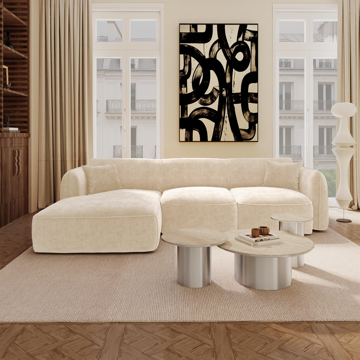 ECKSOFA (links) LOMI Geprägter Samt Creme 274cm - Creme, Textil (274/174cm) - Premium Interiors