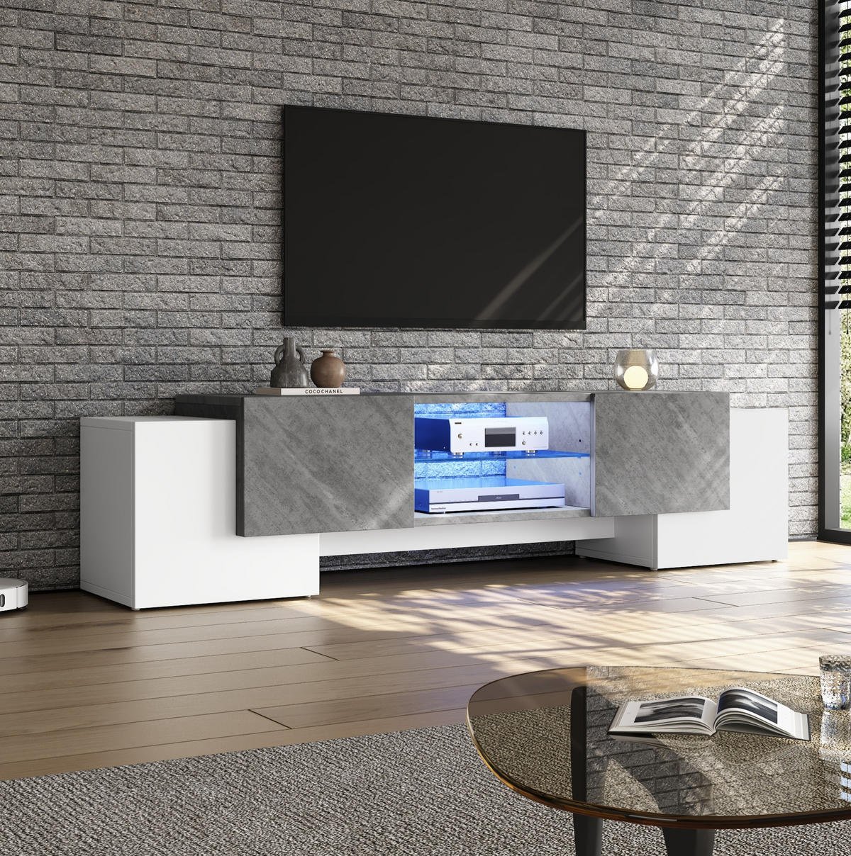 TV-LOWBOARD 180/40/46,5 cm mit 4 Türen und LED-Beleuchtung - Weiß, Holzwerkstoff (180/46.5/40cm) - BEAOK