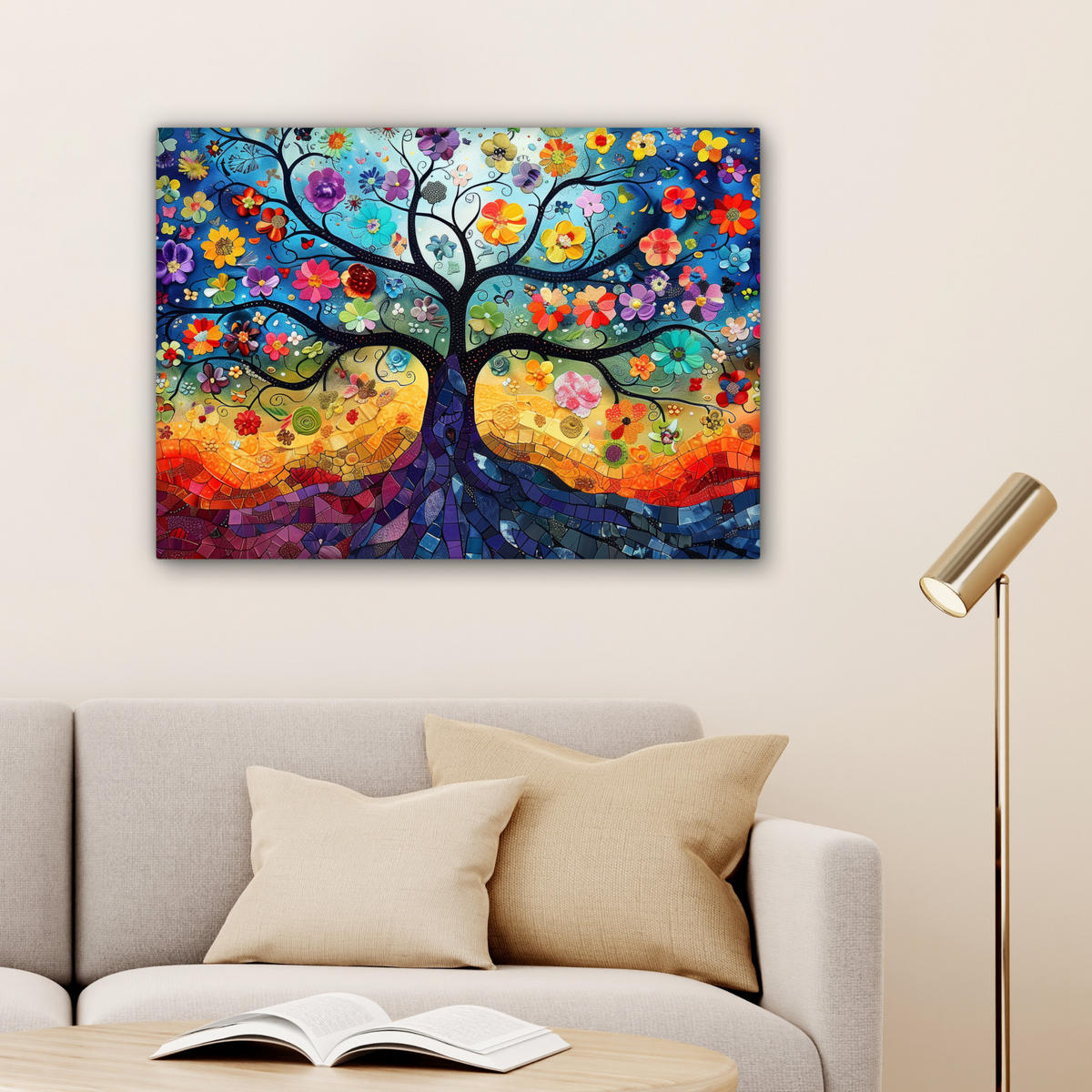 OBRAZ NA PLÁTNĚ Umění - Strom života - Květiny - Hippie 80x60 cm - tmavě modrá, textil (80/60cm) - MuchoWow