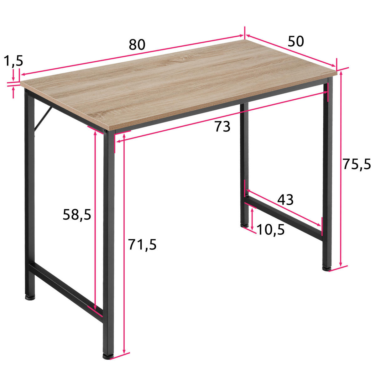 SCHREIBTISCH Jenkins, Höhe 75, 5 cm, Industrial Holz hell, Eiche Sonoma - Naturfarben, Holzwerkstoff (50/80/75.5cm) - tectake