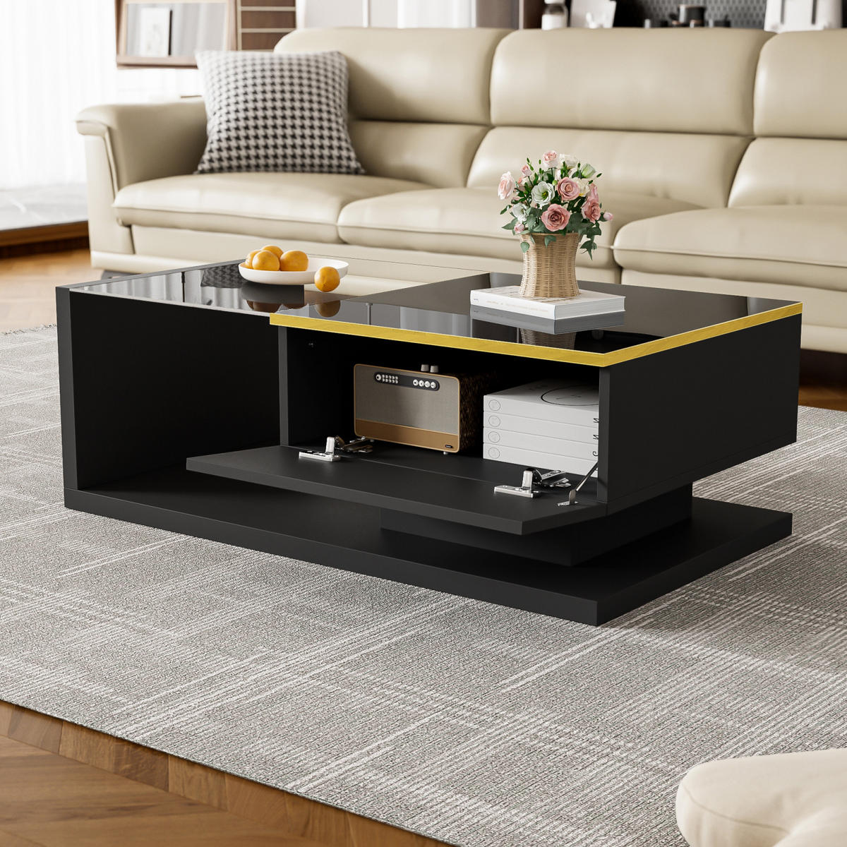 COUCHTISCH Schwarz mit verstellbarer LED und Glasplatte - Schwarz, Metall (90/50/32cm)