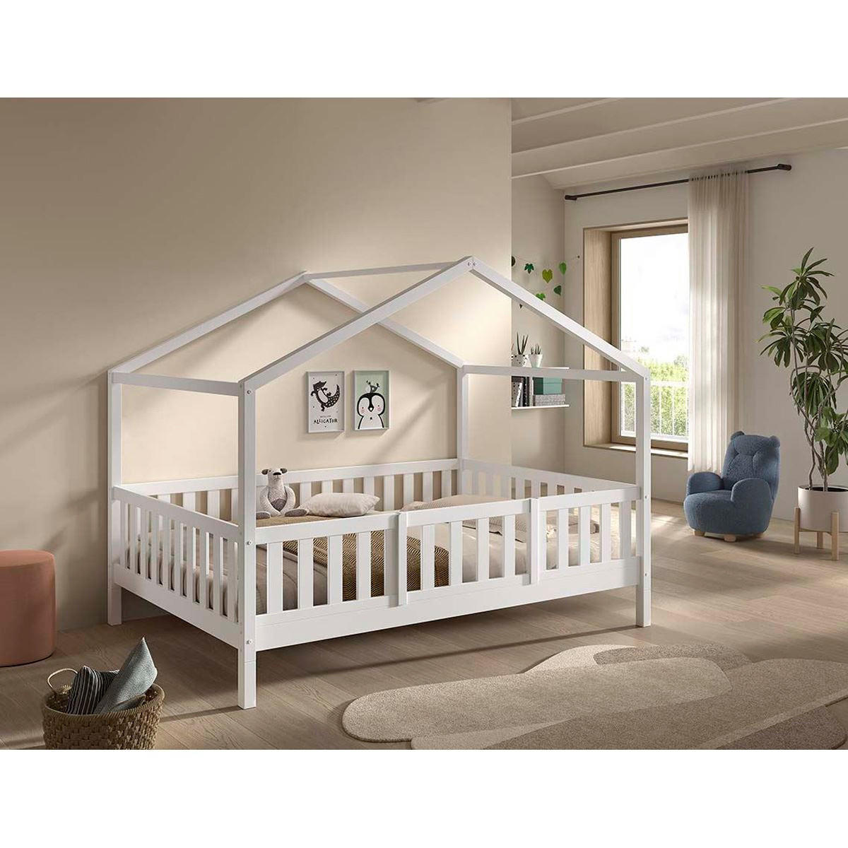 HAUSBETT Kapua 140x200 mit Rausfallschutz Kiefer Massivholz weiß - Weiß, Holz (140/200cm) - 58aufmkessel