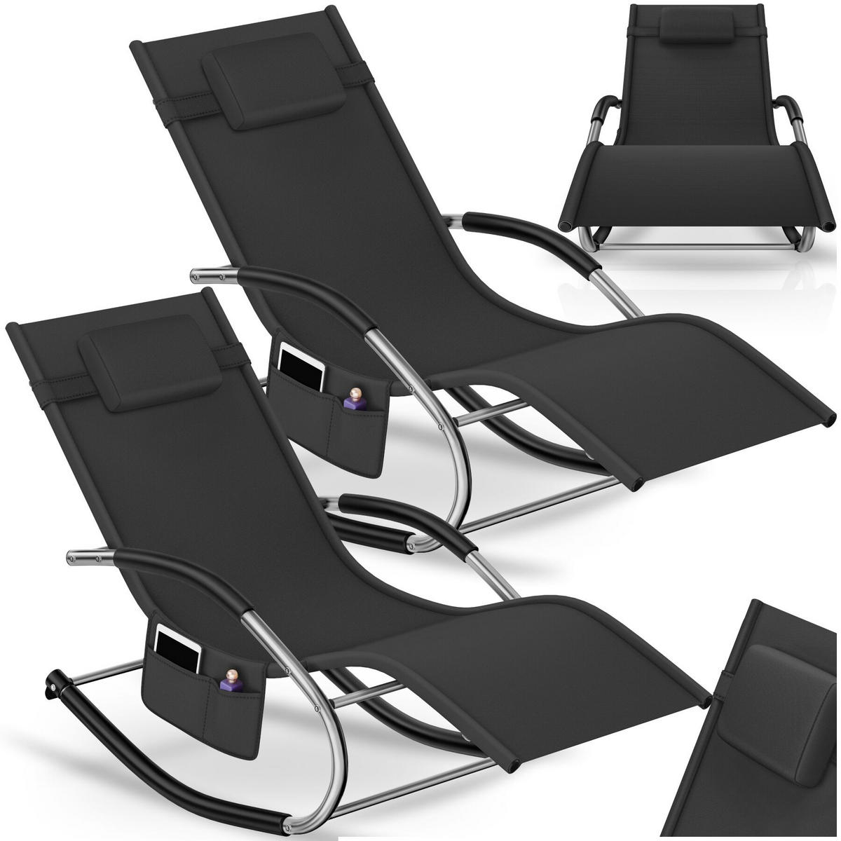 GARTENLIEGE Taya, abnehmbares Kopfpolster, seitliche Aufbewahrungstasche, schwarz - Schwarz, Kunststoff (62/92/142cm) - tectake