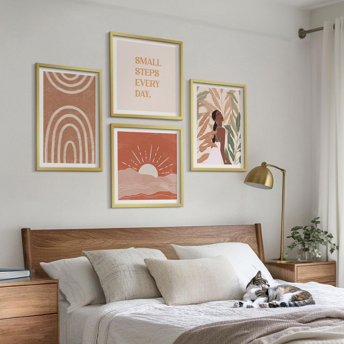 WANDBILDER 4er Set - 50x50 cm & 40x60 cm Goldrahmen - abstrakte Formen im Boho-Stil - Goldfarben, Kunststoff (50/50cm) - ArtPrintCave
