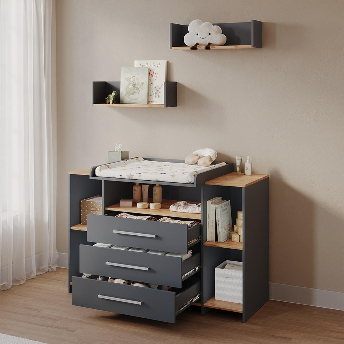 WICKELKOMMODE Torino Anthrazit/Goldkraft Eiche mit 3 Schubladen - Honigeiche/Anthrazit, Holzwerkstoff (143.2/93/53.1cm) - Livinity®