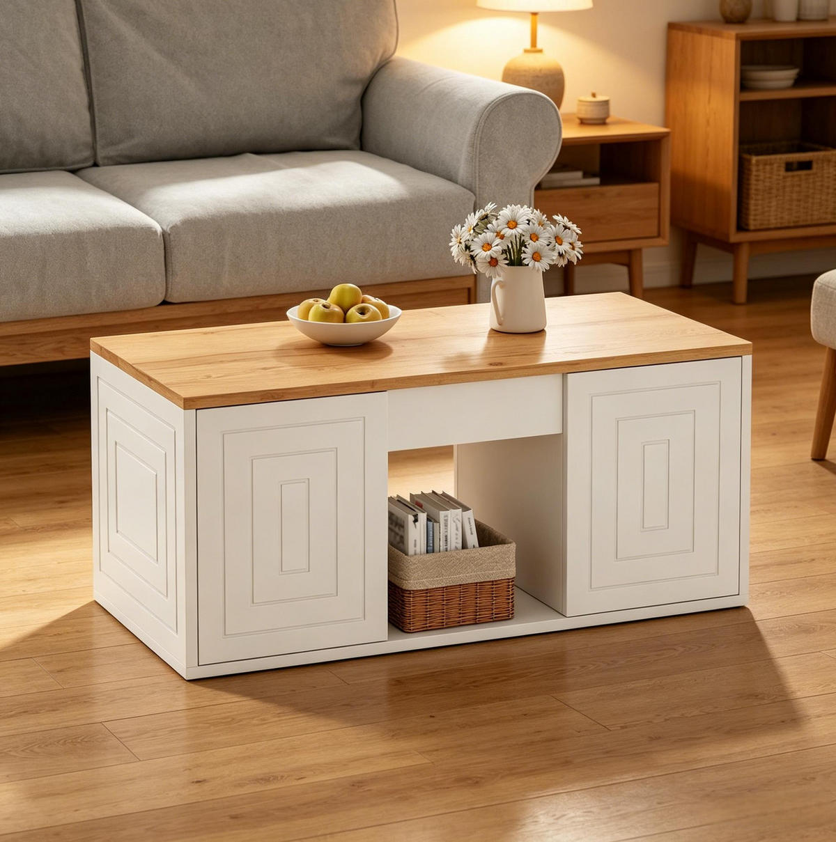COUCHTISCH höhenverstellbar 95 x 46 x 45 cm Weiß/Natur mit Stauraum - Weiß, Holzwerkstoff (46/95/45cm) - Meubliv