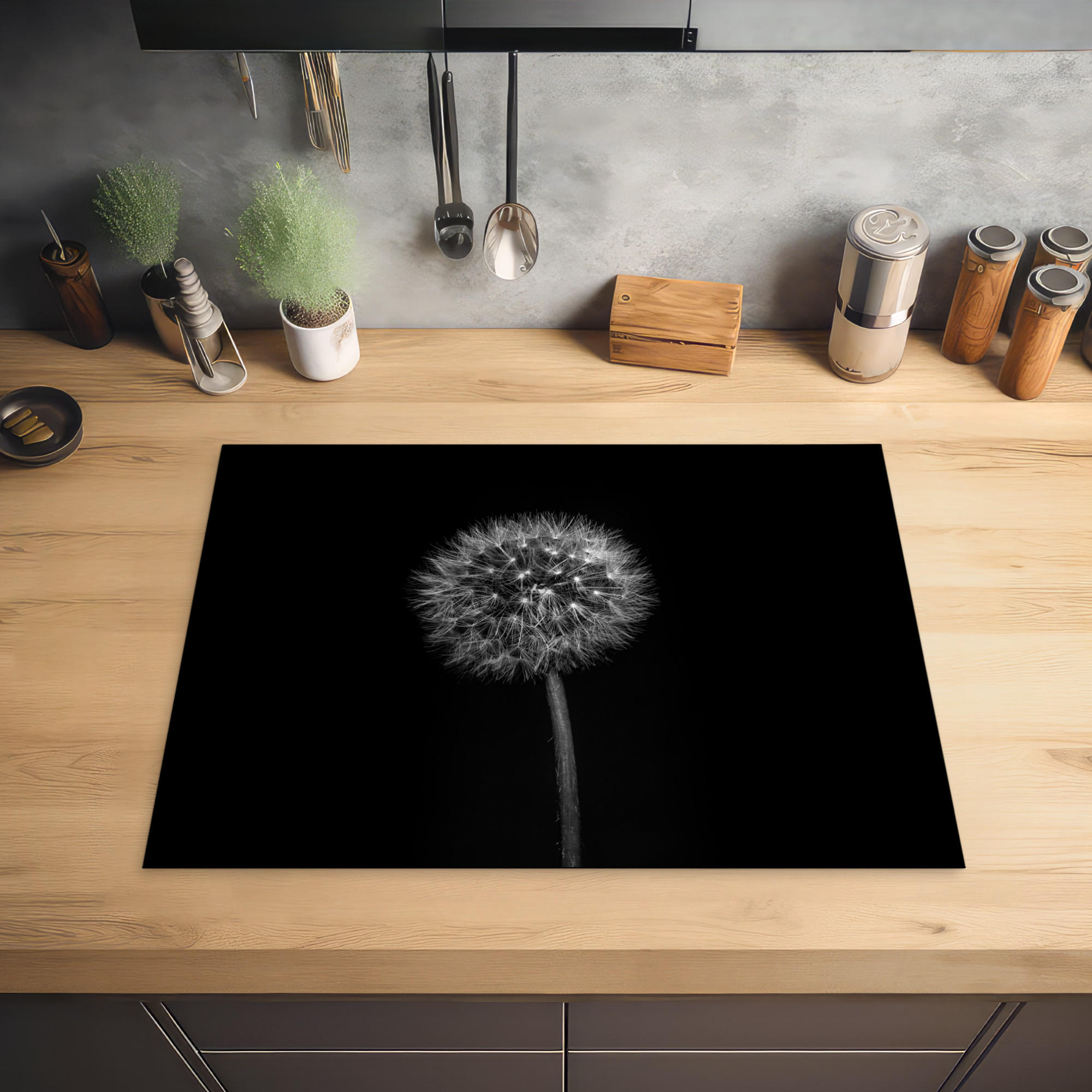 HERDABDECKPLATTE Löwenzahn - Schwarz - Floral - Botanisch 70x52 cm - Grau, Kunststoff (70/0.2/52cm) - MuchoWow
