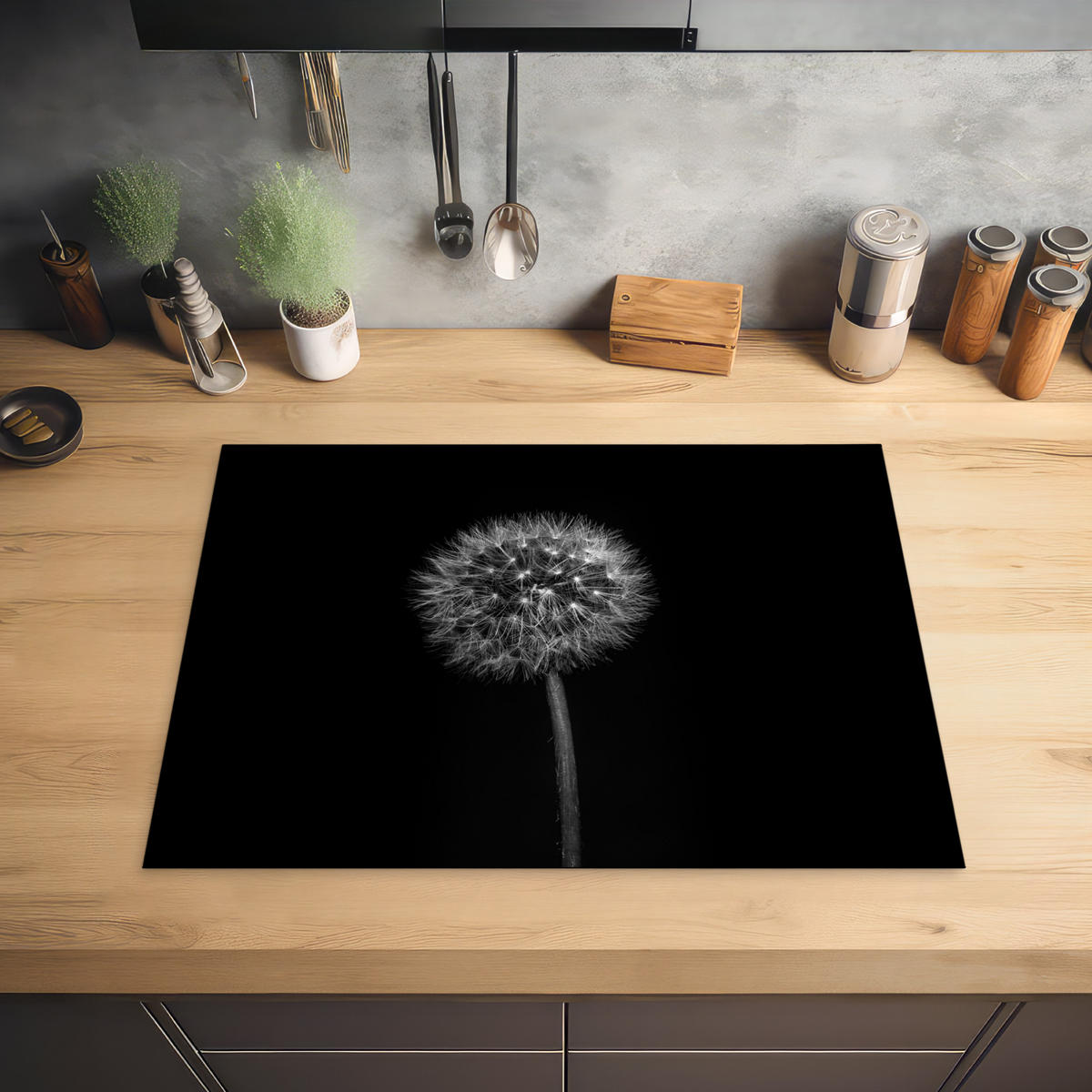 HERDABDECKPLATTE Löwenzahn - Schwarz - Floral - Botanisch 70x52 cm - Grau, Kunststoff (70/0.2/52cm) - MuchoWow