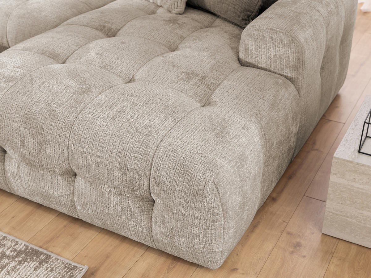 WOHNLANDSCHAFT inkl. Hocker Kozy im Bumpy-Design mit Schlaffunktion und fester Rückenlehne aus weichem Dunkelbeige Chenille-Stoff - Beige/Schwarz, Holz/Kunststoff (323/79/161cm) - S-Style Möbel