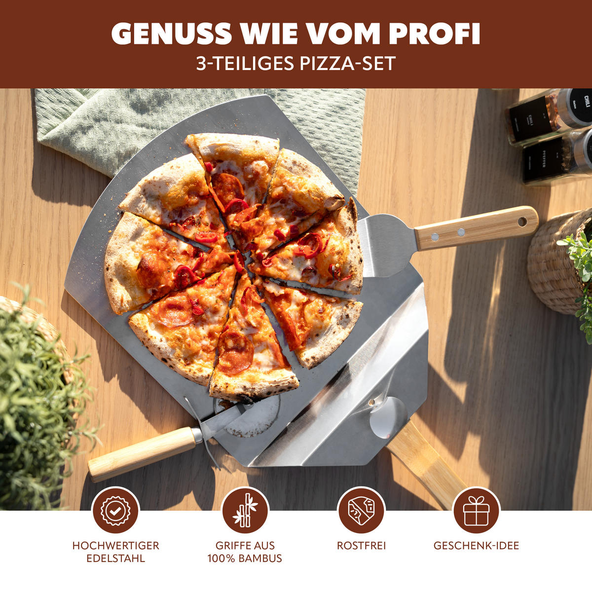 PIZZASCHIEBER 3er Set, aus Edelstahl mit Bambusgriff - Grau, Metall (60.5/1.5/25.5cm) - eluno