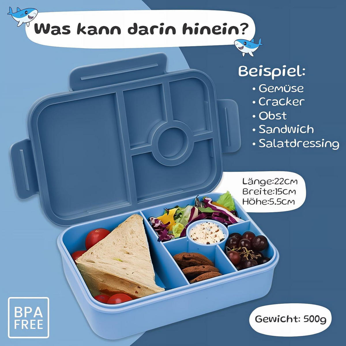BROTDOSE Kinder mit Fächern 1300ML dunkelblau - Blau, Kunststoff (15/5.5/22cm)