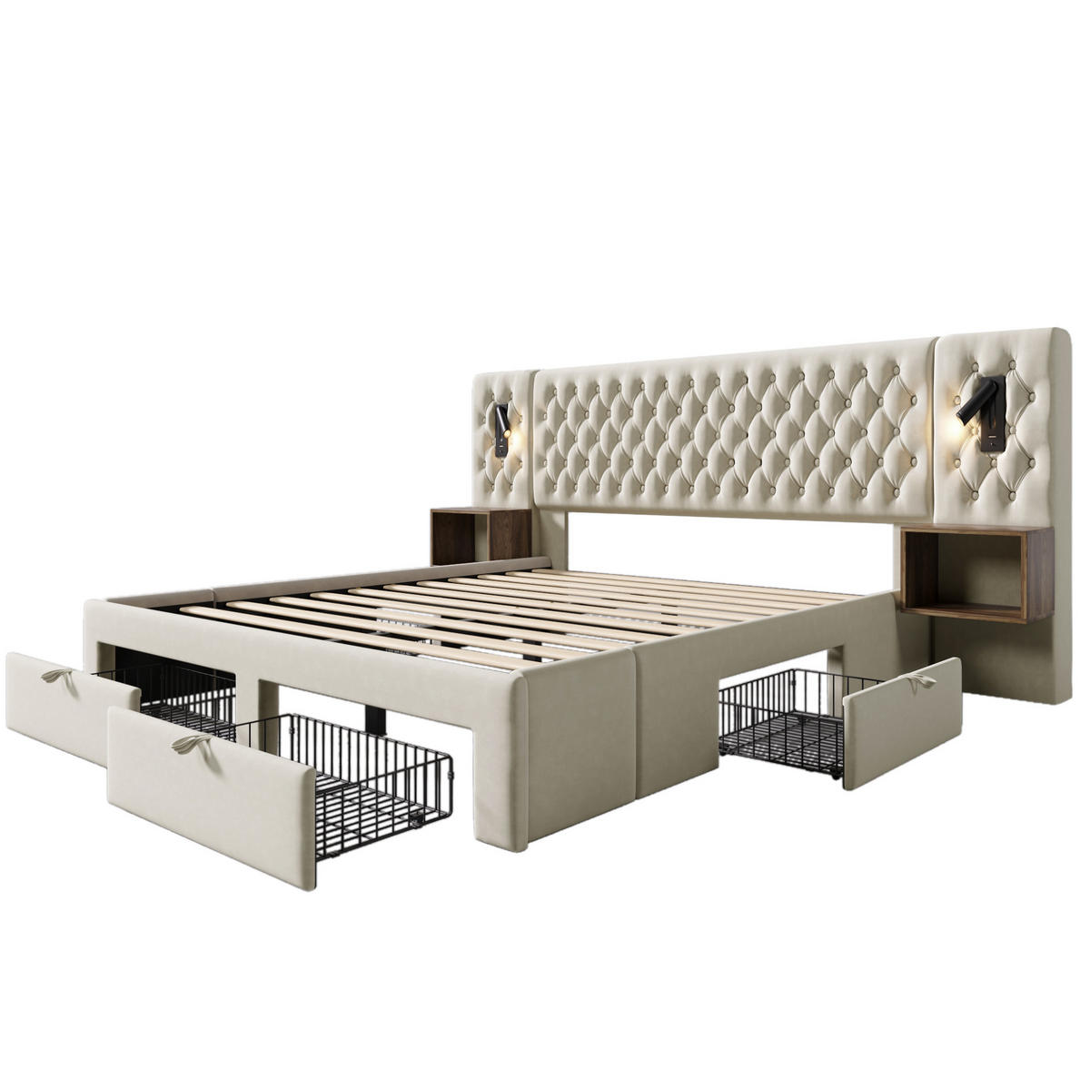POLSTERBETT 160/200 cm mit 2 Nachttischen, 4 Schubladen, Leselicht, USB und Type-C,und Matratze, Beige - Beige, Textil (160/200cm) - Redom