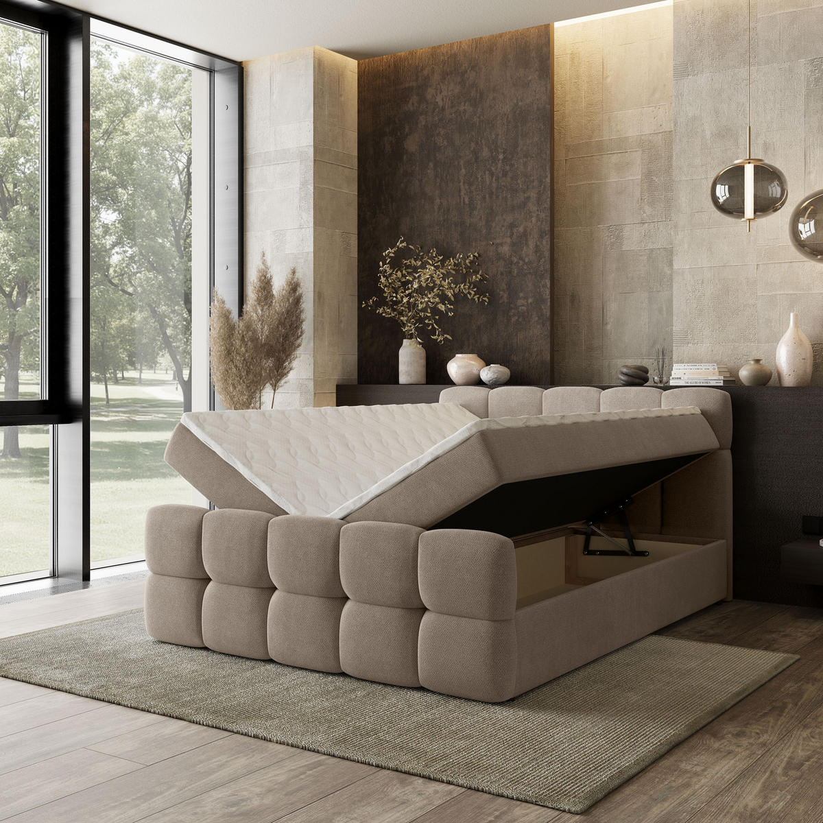 BOXBETT BRUME 140x200 cm mit Matratze und Topper, H2+H3 - Beige - Beige, Holz (140/200cm) - MASSENO