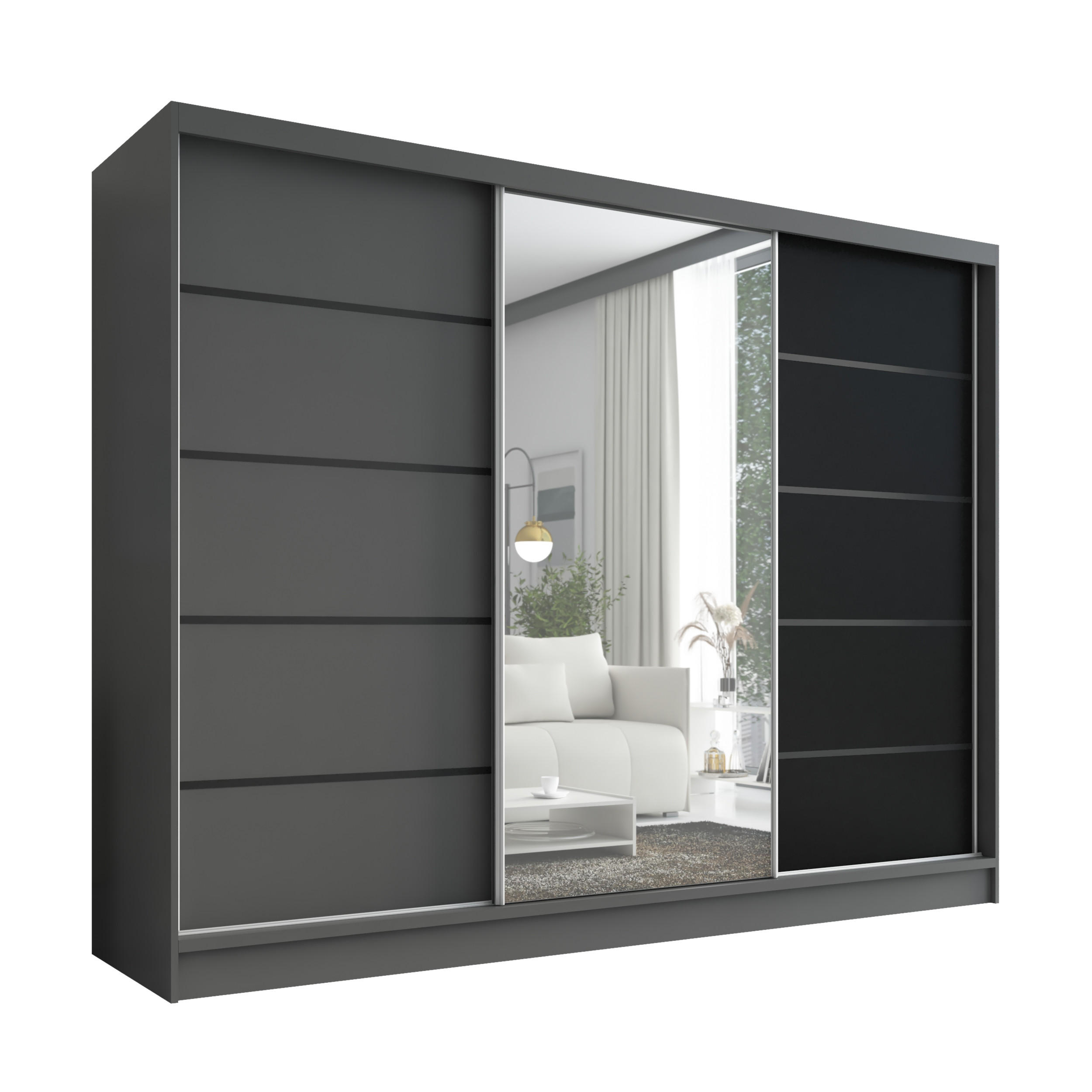 A&J MöbelLand Schwebetürenschrank Graphit, Graphit, Schwarz 200x215x60 cm