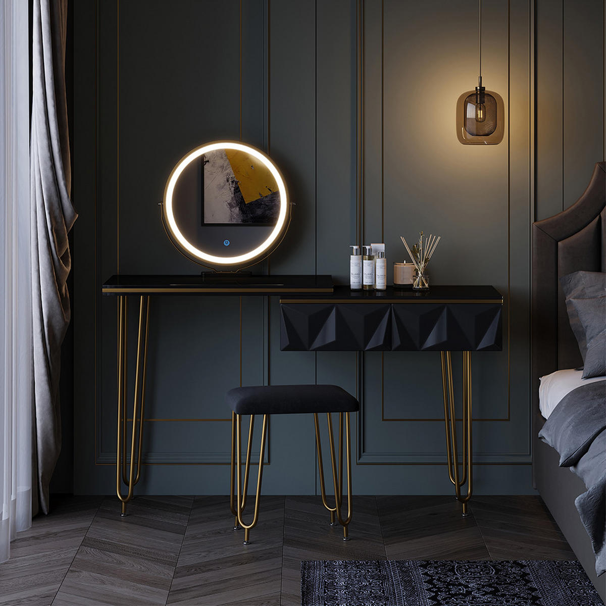 SCHMINKTISCH Bella Schwarz 120 cm mit LED Spiegel und Hocker - Schwarz, Holzwerkstoff (120/76/37cm) - Vicco