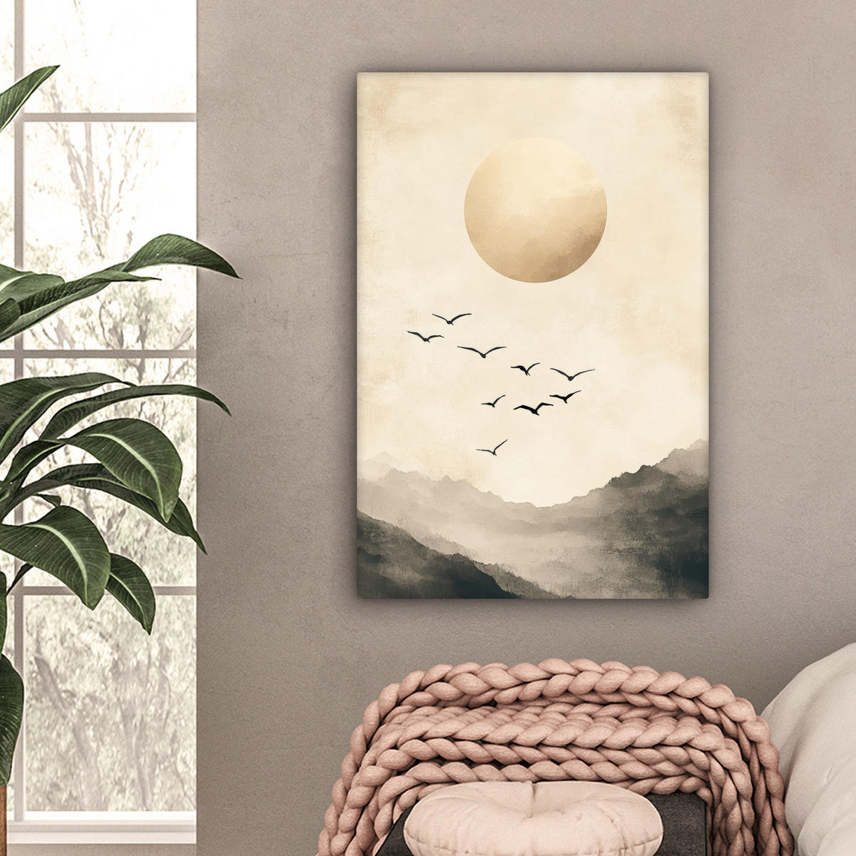 LEINWANDBILD Landschaft - Japandi - Vogel 60x90 cm - Beige, Textil (60/90cm) - MuchoWow