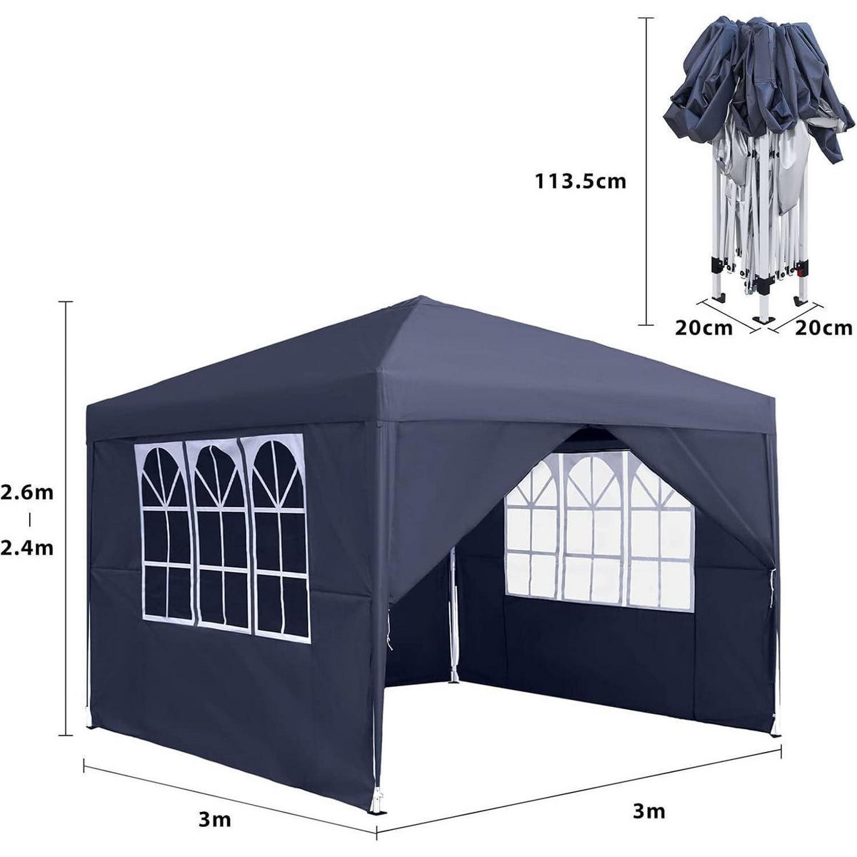 FALTPAVILLON 3 x 3 m mit Seitenteilen und Fenstern Anthrazit - Anthrazit, Textil (300/260/300cm)