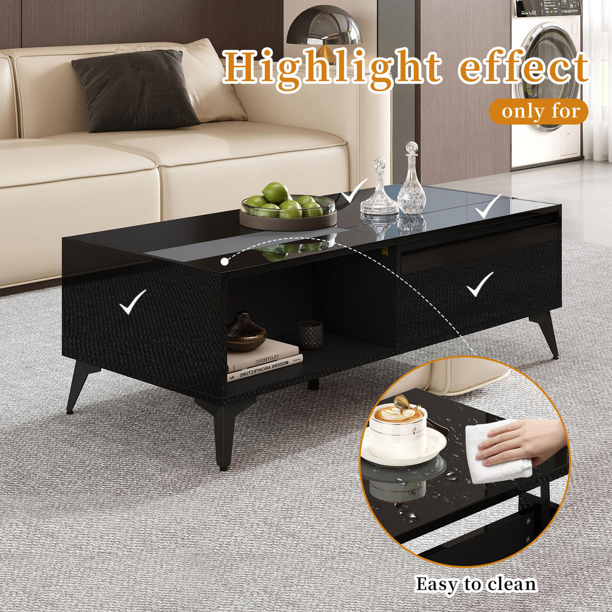 COUCHTISCH DE-085 Hochglanz Schwarz - Schwarz, Holzwerkstoff (50/110/48cm) - ComfortXL