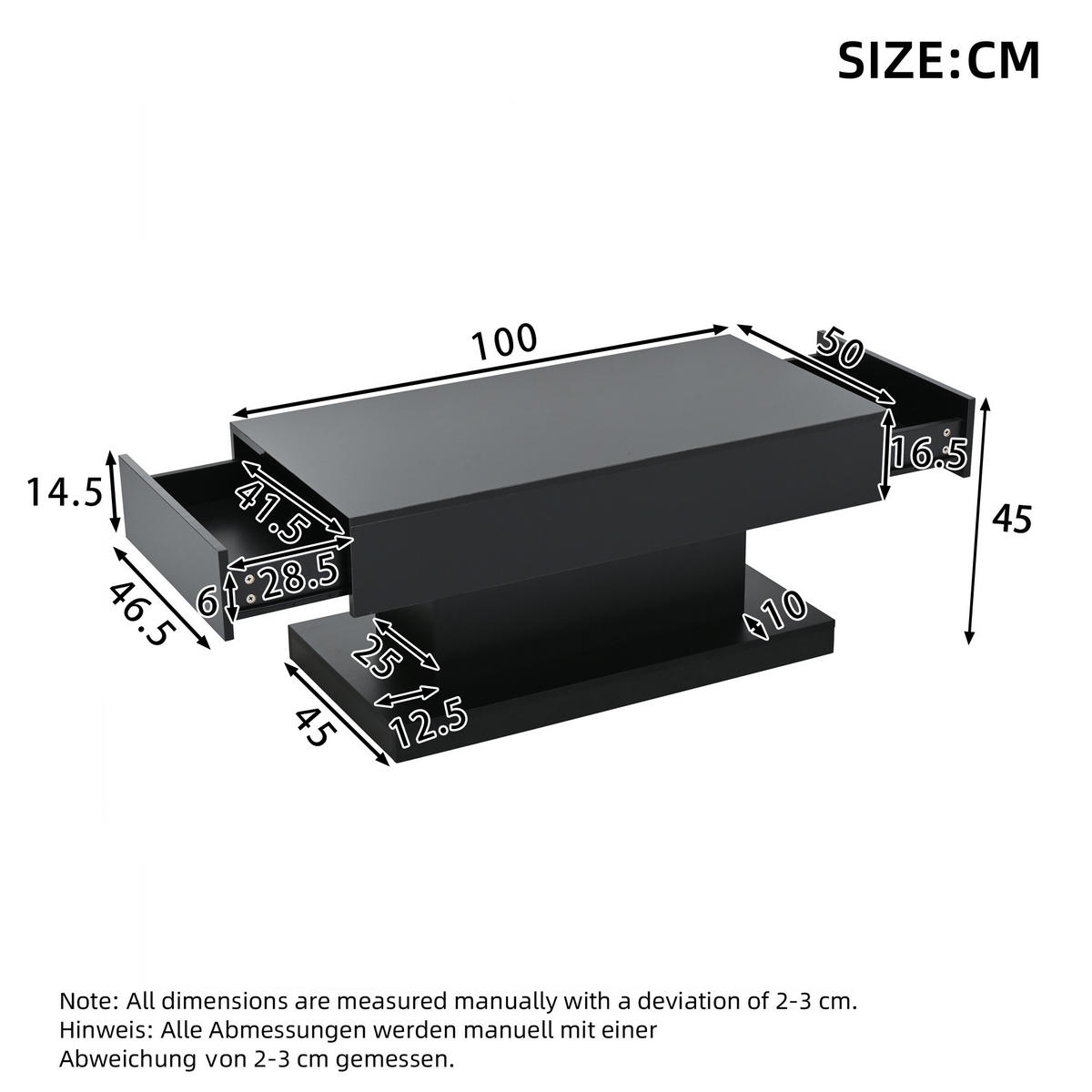 COUCHTISCH 100/50/45 cm Schwarz mit 2 Schubladen und LED-Beleuchtung - Schwarz, Holzwerkstoff (100/50/45cm) - OKWISH