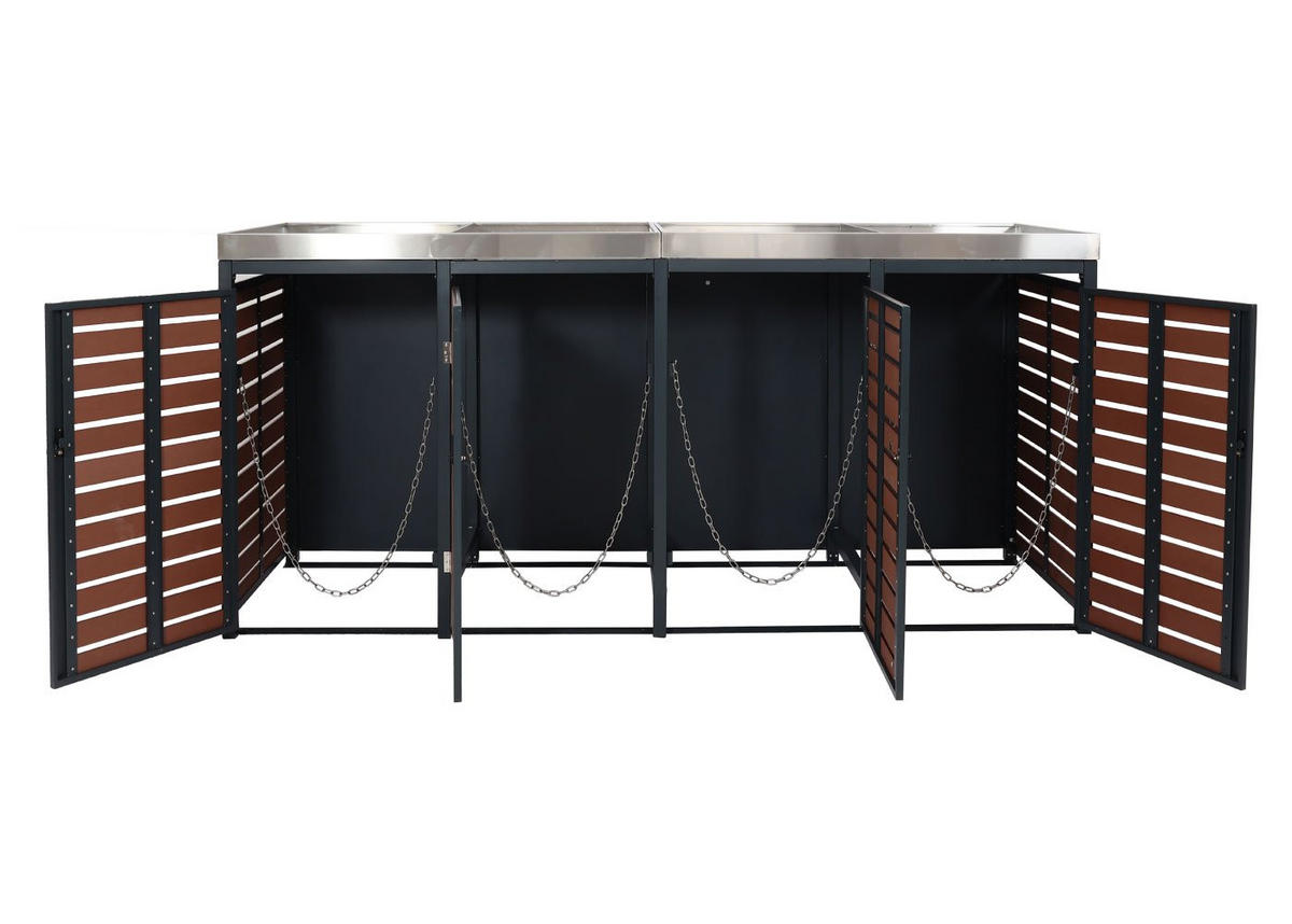 MÜLLTONNENBOX 4er mit Pflanzkasten HxBxT 124x265x84cm Walnuss-Holzoptik - Braun, Metall (265/124/84cm) - PROREGAL