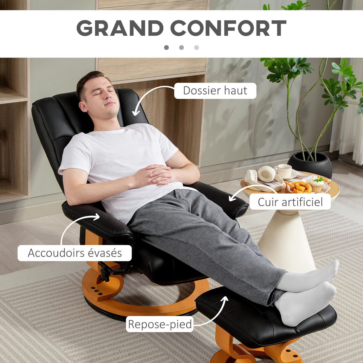 RELAXSESSEL DE-17409 130° neigbar, 360° drehbar mit Fußstütze Schwarz - Schwarz, Holz (85/104/76cm) - ComfortXL