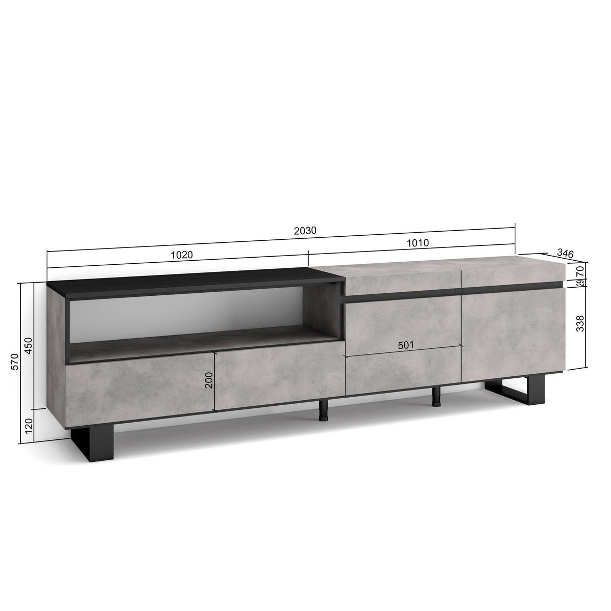 LOWBOARD, zementgrau, 200/35/57cm - Hellgrau, Holzwerkstoff (200/57/35cm) - Skraut Home