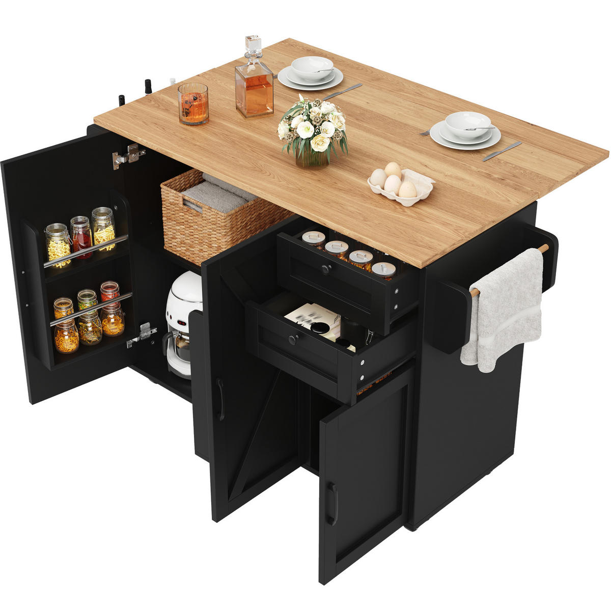 KÜCHENINSEL mit Klapptisch 120 cm Black - Schwarz, Holz (43.2/92/120cm) - Beauniv