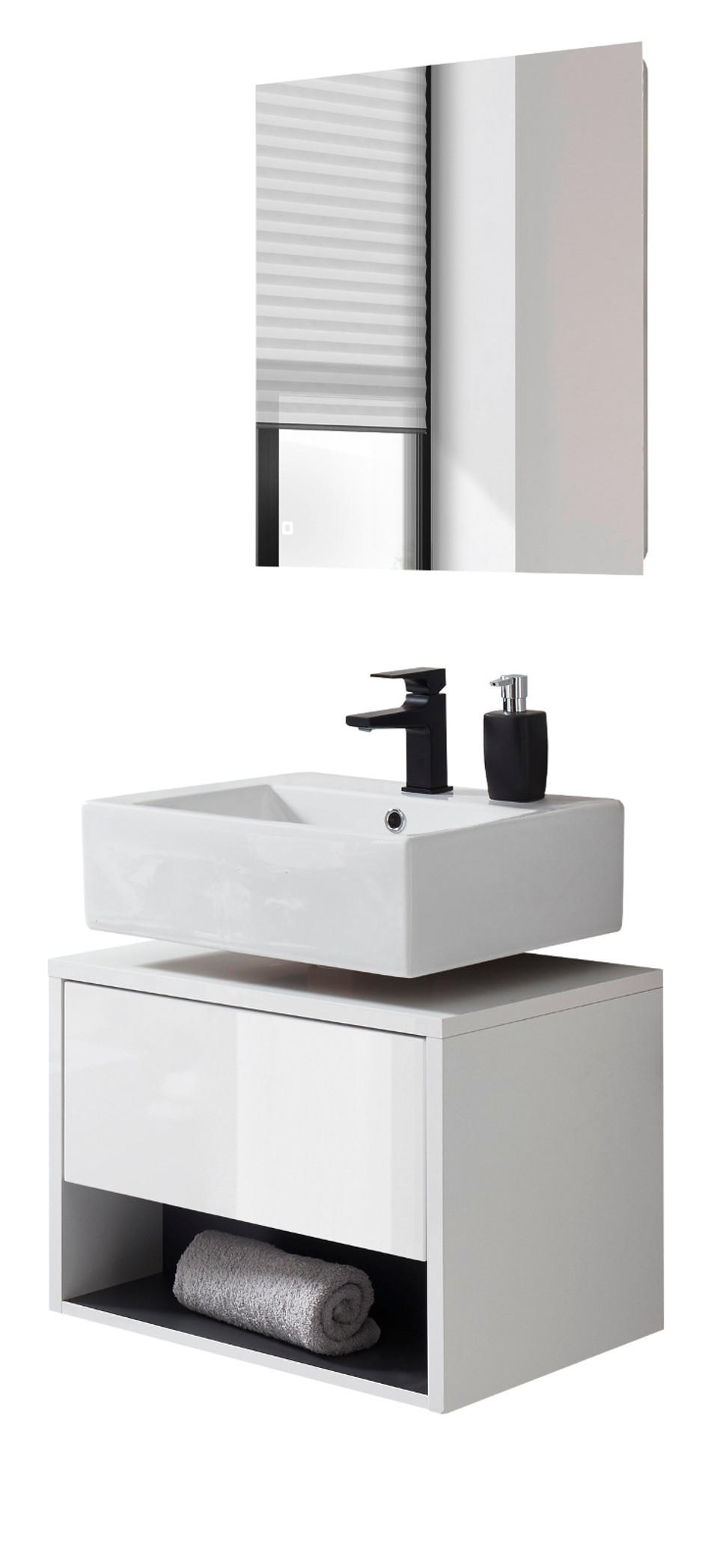 BADMÖBEL Set 2-teilig in weiß Hochglanz und grau mit LED Beleuchtung 60 x 190 cm Glide - Weiß Hochglanz/Grau, Glas/Holzwerkstoff (60/190/46cm) - Furn.Design