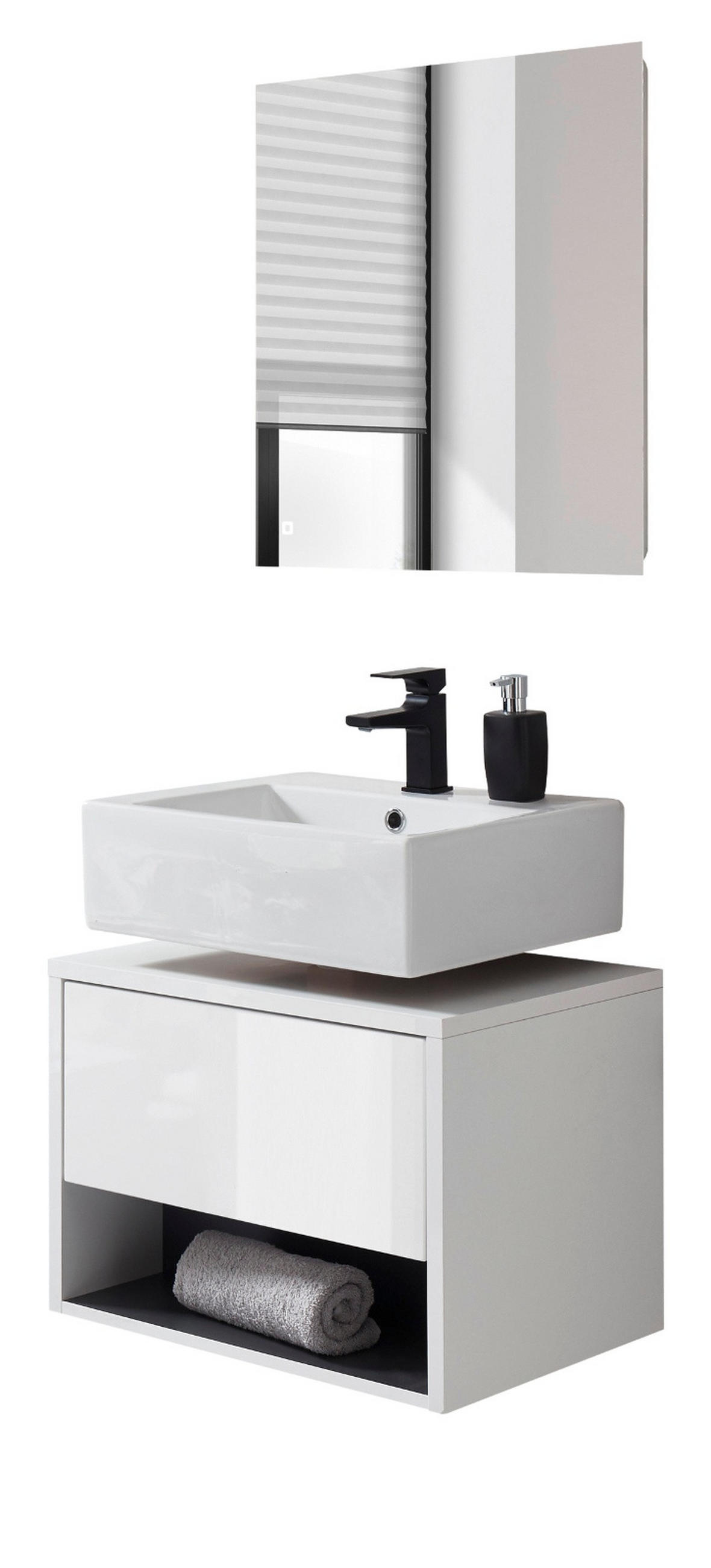 BADMÖBEL Set 2-teilig in weiß Hochglanz und grau mit LED Beleuchtung 60 x 190 cm Glide - Weiß Hochglanz/Grau, Glas/Holzwerkstoff (60/190/46cm) - Furn.Design