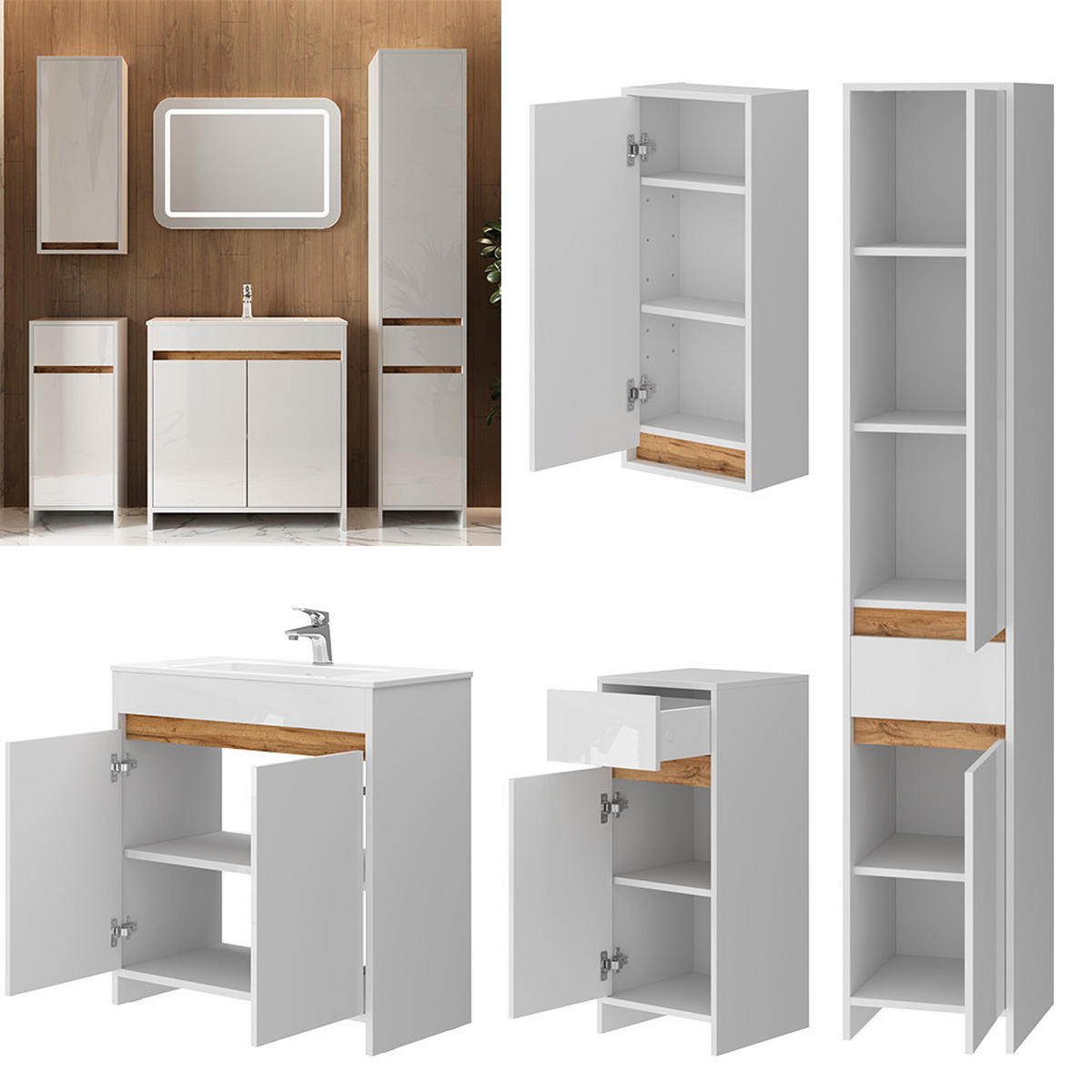 BADMÖBEL-SET Lemgo Weiß Hochglanz 5er-Set - Honigeiche/Weiß Hochglanz, Holzwerkstoff (79.8/81.9/40cm) - Vicco