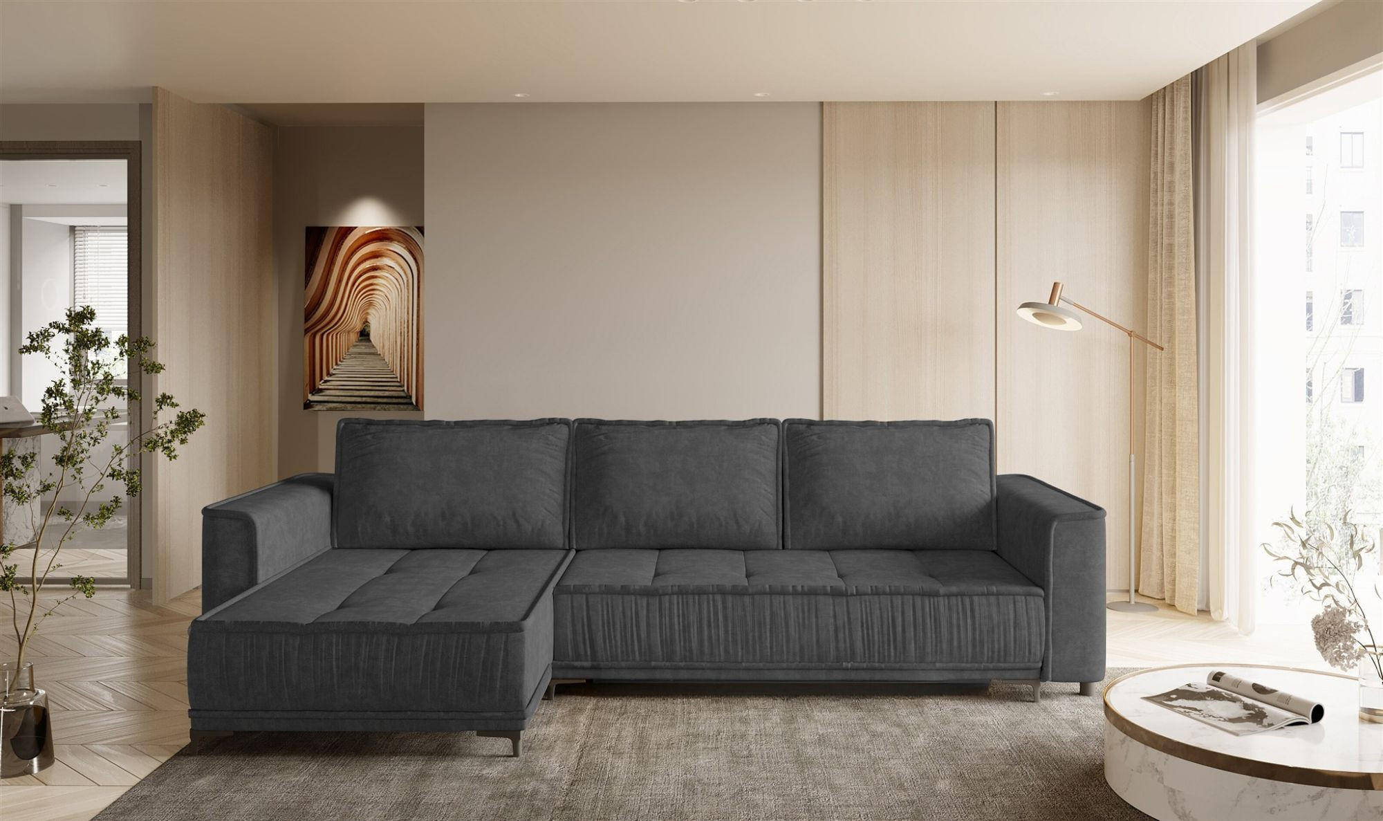 ECKSOFA Juna Mit Schlaffunktion - Dunkelgrau, Holzwerkstoff/Textil (240/140cm) - Fun Möbel