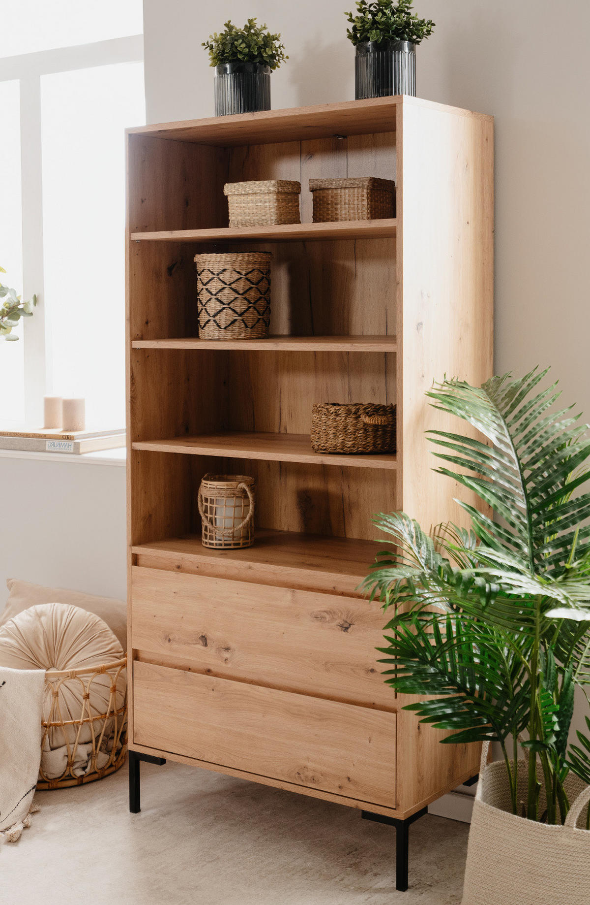 REGALSCHRANK Eiche Artisan 78 cm, Regal mit 2 Schubladen - Schwarz/Eiche Artisan, Holzwerkstoff/Metall (77.5/165/40cm) - Furn.Design