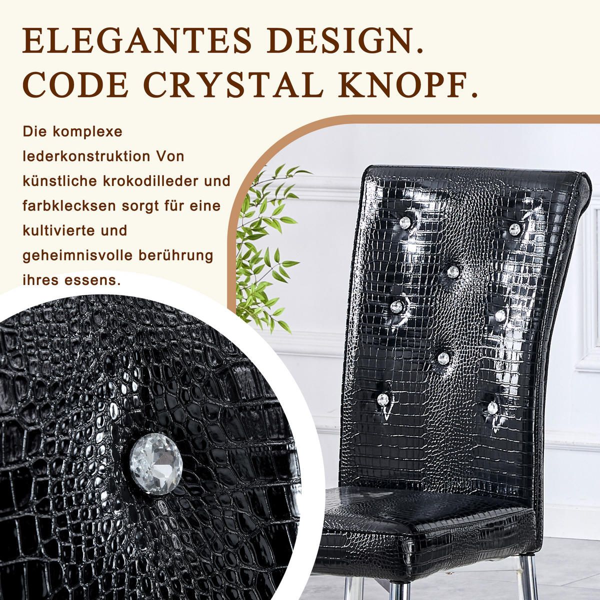 STUHL-SET DE-36775 2 Stück mit Krokodil-Prägung und Kristallknopf-Details Schwarz - Schwarz, Metall (42/101/61.5cm) - ComfortXL