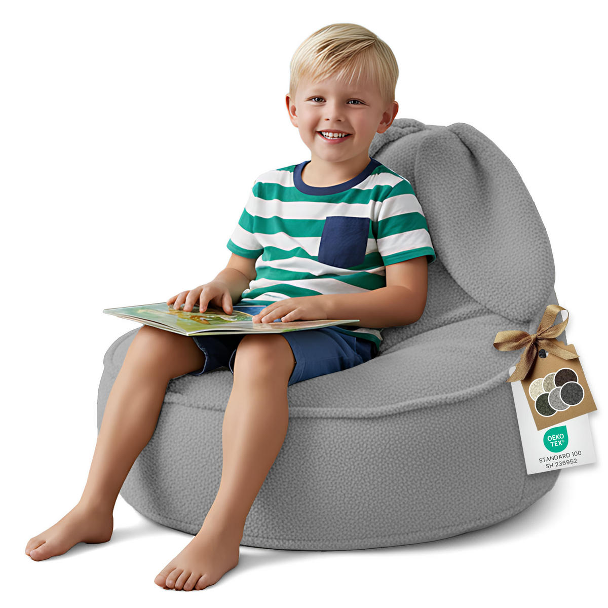 SITZSACK FÜR KINDER Hase 75/75/55 cm, weicher Bouclé 315 g/m², abnehmbarer Bezug, Pearl Grey - Hellgrau, Textil (75/55/75cm) - Dreamroots
