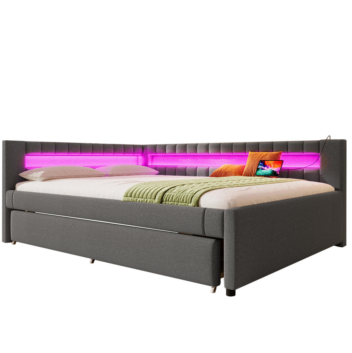 POLSTERBETT 140/200 cm aus Leinen mit LED-Lichtleiste, Ausziehbett, USB- und Type-C-Anschluss, Grau - Grau, Textil (140/200cm) - Redom
