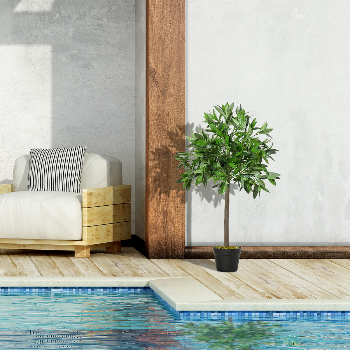 2ER-SET Künstlicher Lorbeerbaum 90 cm Kunstpflanzen im Zementtopf, Zimmerpflanze - Schwarz/Braun, Kunststoff (90cm) - Outsunny