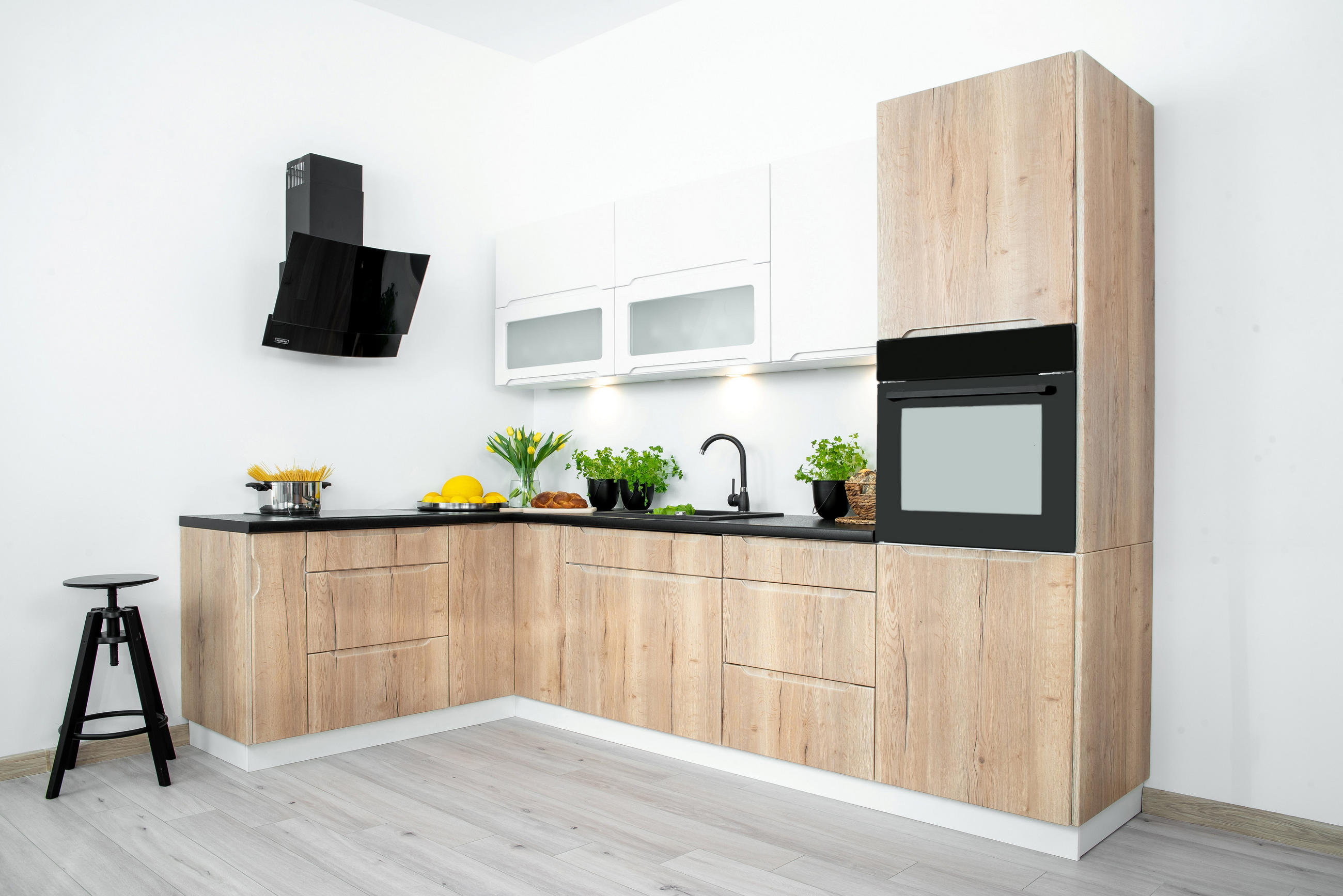 WINKELKÜCHE KS12-G290 - Zivora - Modern & funktional - Eichefarben/Weiß, Holz/Metall (290/213.3/170cm) - ROYAL24_MARKT