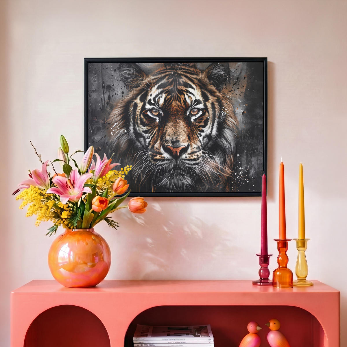LEINWAND Bilder mit Rahmen - Tiger - Tiere - Porträt - Luxus - Schwarz - 40x30 - Braun, Textil (40/30cm) - MuchoWow