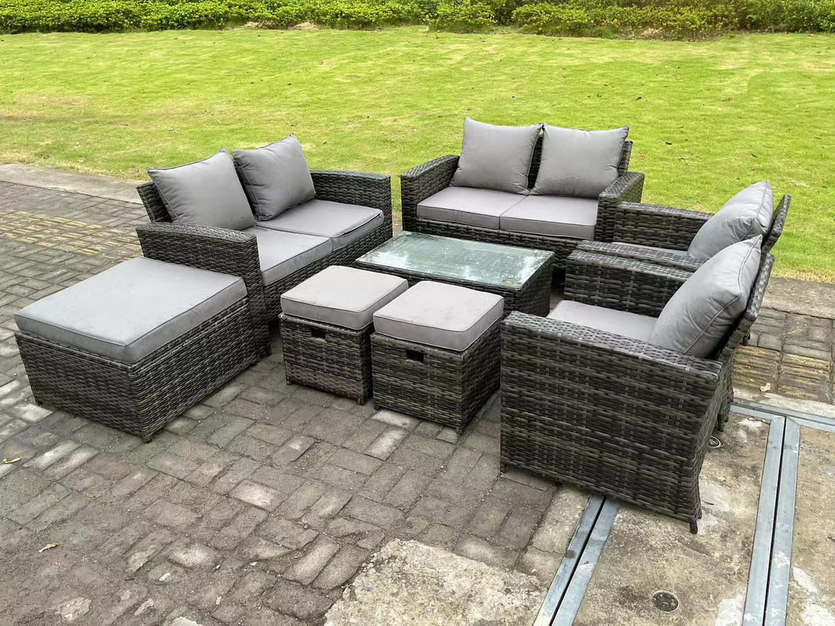 GARTENSOFA SET mit Couchtisch Polyrattan Dunkelgrau 9-Sitzer - Dunkelgrau, Metall - Fimous