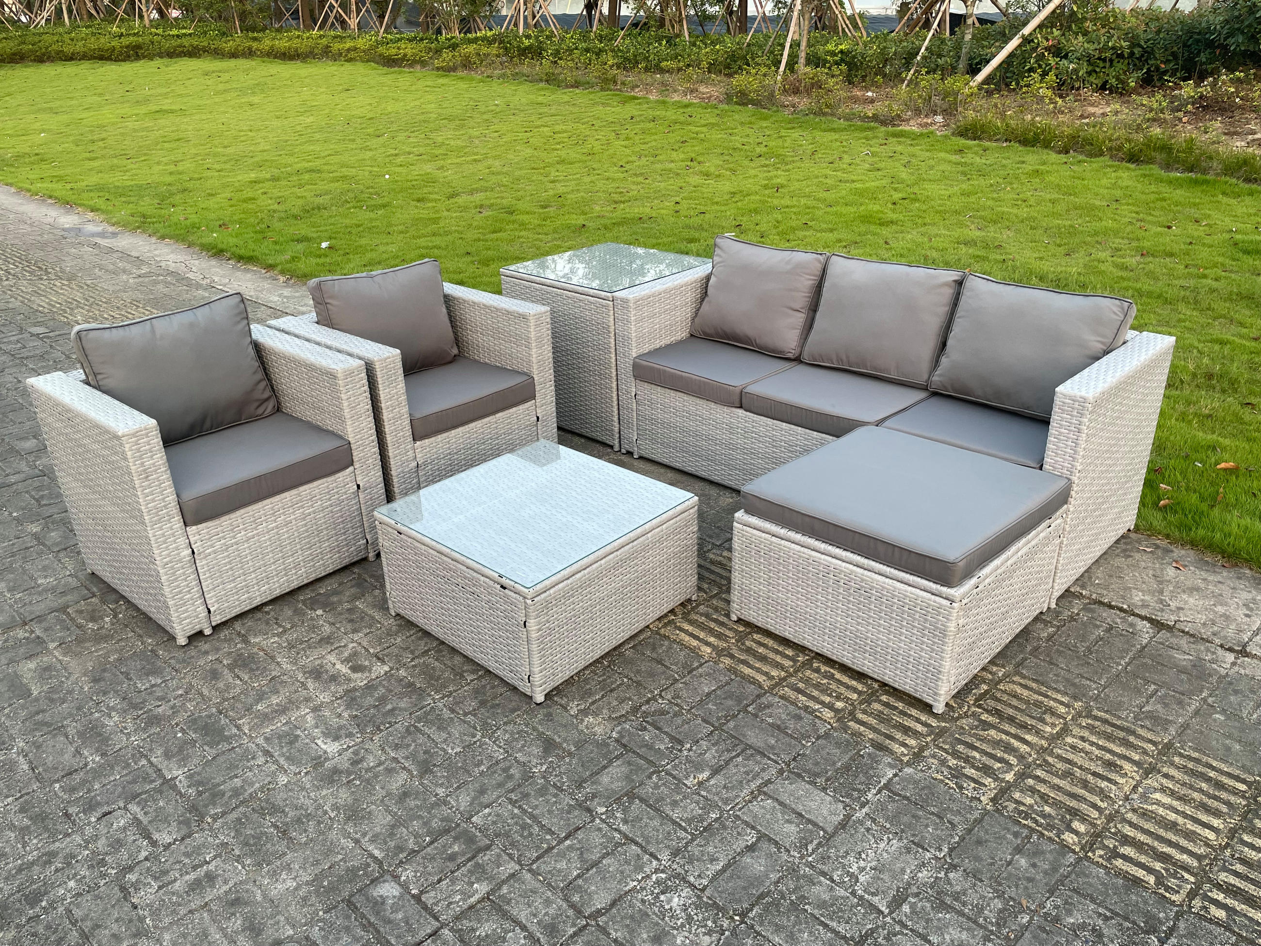 GARTENSOFA Polyrattan Helles Grau 6-Sitzer - Hellgrau, Metall - Fimous