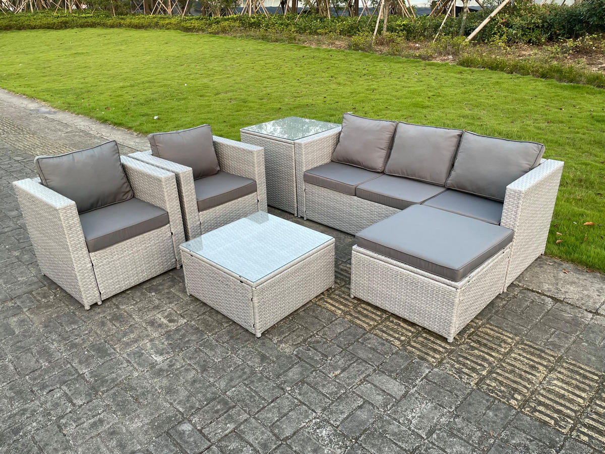 GARTENSOFA Polyrattan Helles Grau 6-Sitzer - Hellgrau, Metall - Fimous