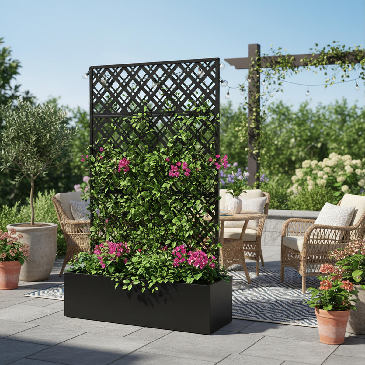 PLANTERINGSBOX Svart metall med spaljé - Svart, Metall (110/180/40cm) - Relaxdays