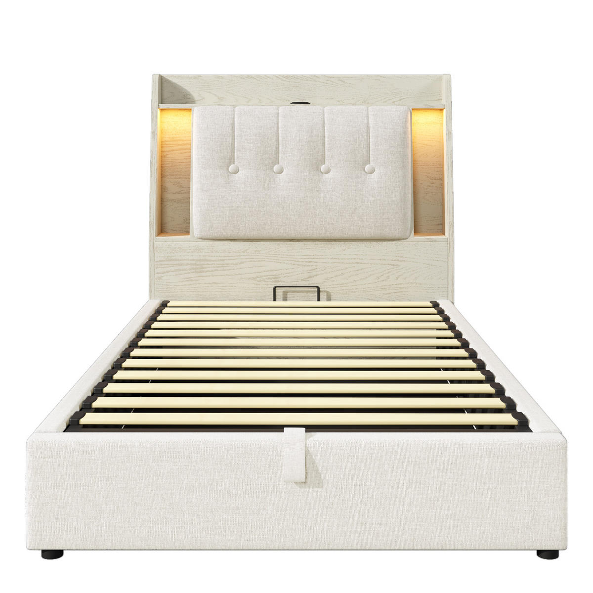 POLSTERBETT 90/200 cm in Beige Leinen mit Stauraum, LED und USB Typ-C - Beige, Holzwerkstoff/Textil (90/200cm) - WISHDOR