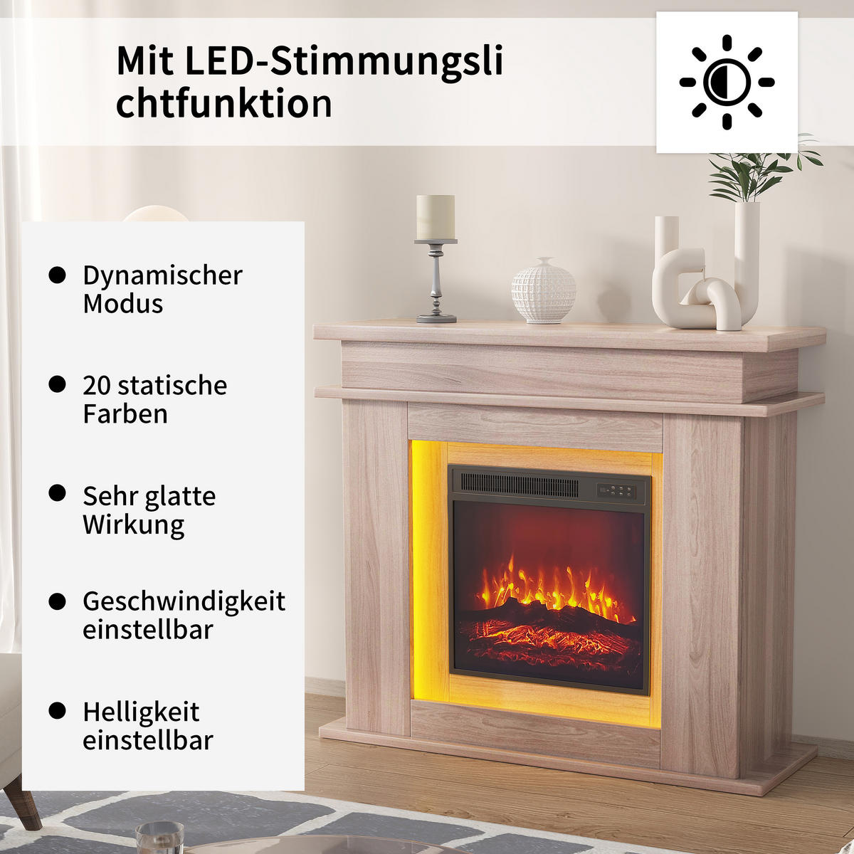 ELEKTROKAMIN, Eiche, mit Möbel, LED multicolor, 3D Flammen, Helligkeit & Farbregelung - Eichefarben, Holz (101/88.8/34.5cm) - EuroLiving