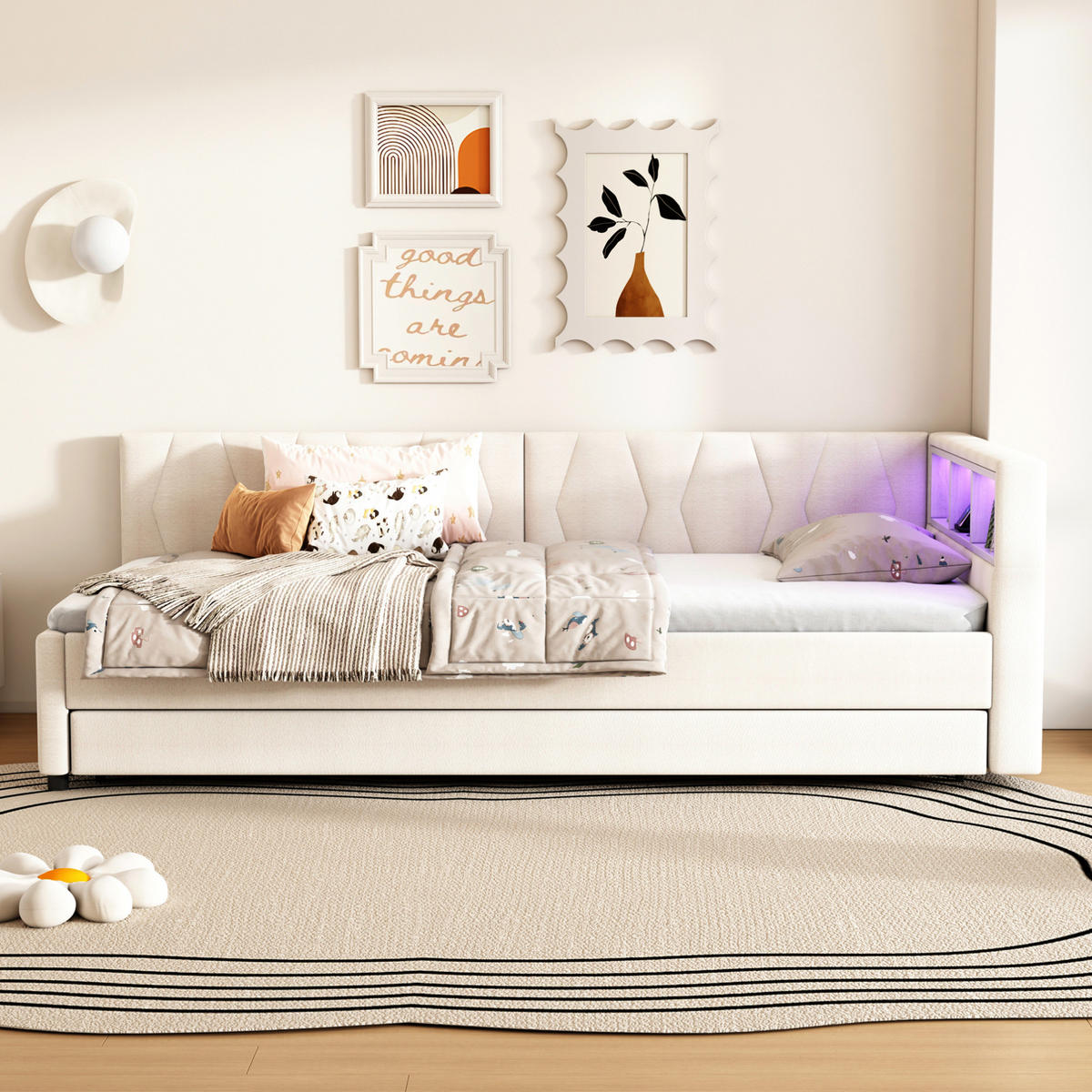 TAGESBETT 90/200 cm mit Ausziehbett, LED-Beleuchtung, USB- und USB-C-Anschluss, Ablagefächern und Leinenbezug, Beige - Beige, Textil (90/200cm) - Redom