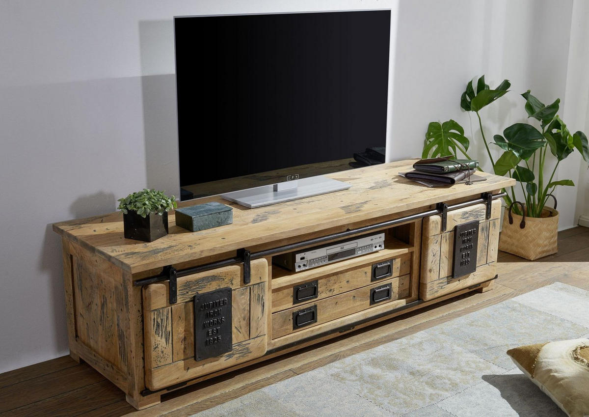 TV-BOARD Mango 180x55x50 natur lackiert RAILWAY #314 - Naturfarben, Holz (180/50/55cm) - Massivmoebel24